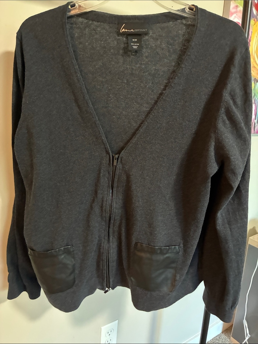 Lane Bryant Charcoal Zip Front Cardigan with Faux Leather Pockets